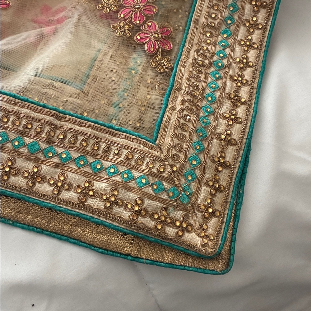 Lehenga Beautiful two piece cream with gold, teal, and pink with Dupatta. - Picture 7 of 7